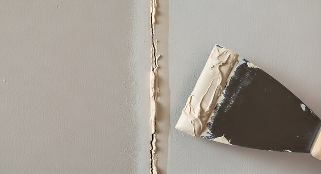A putty knife with white caulk on a gray surface with a crack