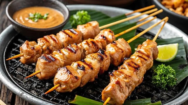 Grilled chicken satay with peanut sauce, lime, and garnish, presented on a dark plate, a culinary food concept.