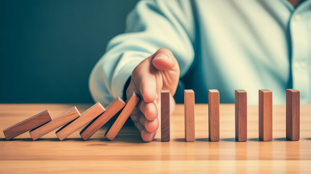 A hand stopping a row of wooden dominoes from falling on a wooden surface