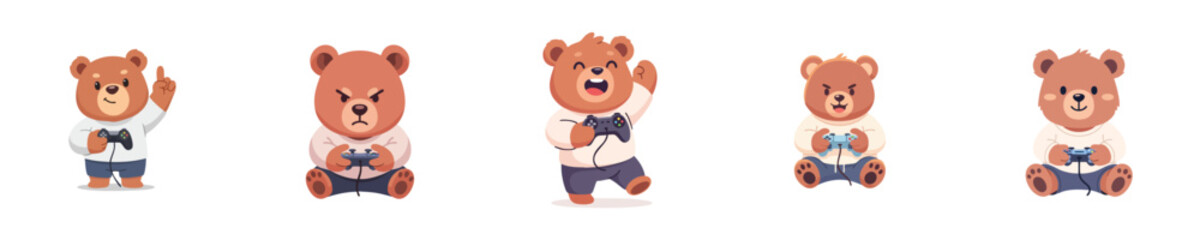 Obraz premium Cute Bear Gaming Characters Flat Design Video Game Player Vector Set