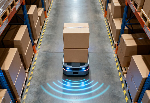 Autonomous mobile robot transports stacked boxes down a modern warehouse aisle with high racking and sensors.