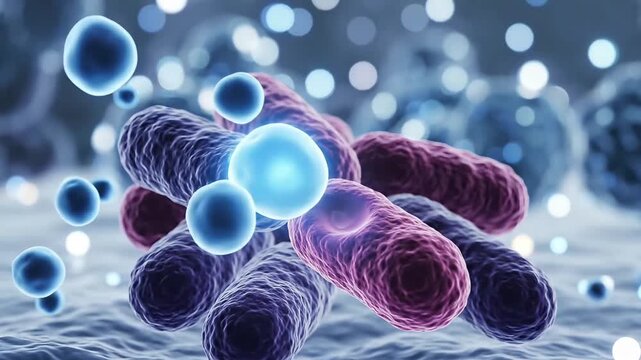 Microscopic view of bacteria and viruses in a blue and purple environment.