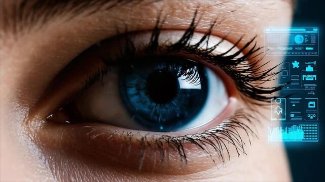 Woman eye with digital interface opening and blinking. Cybernetic iris with augmented reality huds. Biometric scan and futuristic technology concept.