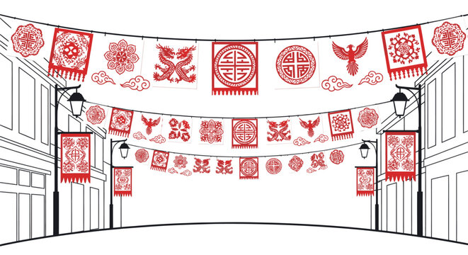Chinese New Year Decorations with Red Lanterns and Symbols.