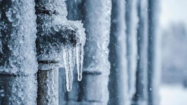 Frozen Icicles on Gutter Downspout Winter Scene.