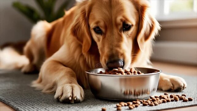 Golden retriever dog eating kibble from a stainless steel bowl on a gray mat, showing various stages of mealtime