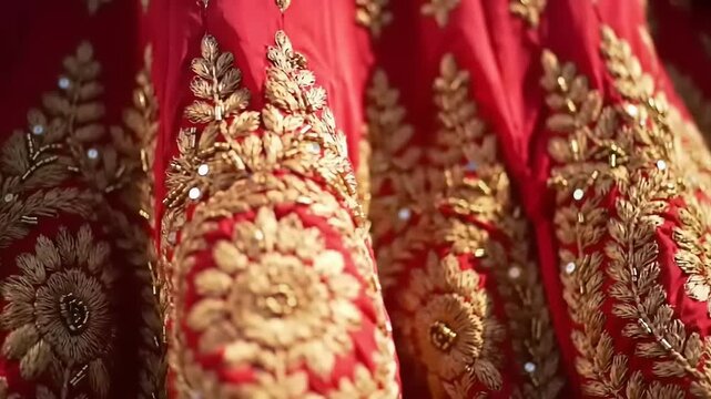 Intricate gold embroidery on red garment.