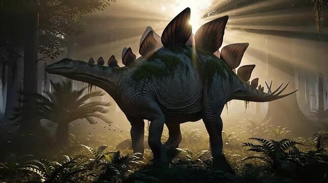 Stegosaurus dinosaur standing majestically in a prehistoric forest with sun rays shining through the trees creating a mystical atmosphere