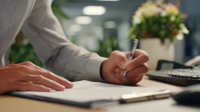 Medium shot of HR professional carefully documenting worker complaints in orderly office setting emphasizing precision and confidentiality.