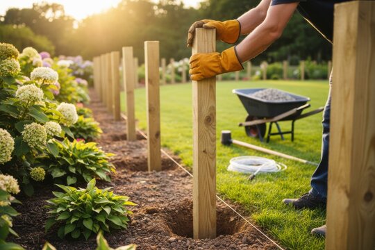 A person is setting wooden fence posts in a line separating a flower bed from a lawn during a sunny evening, working on garden construction.
