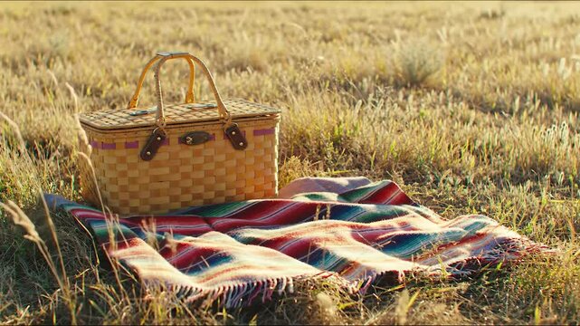 Picnic basket and blanket on field in golden sunlight. Summer picnic, relaxing outdoors with natural light.