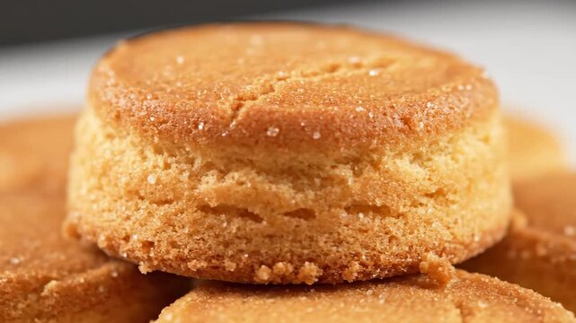 Macro Shot of Delicious Golden Shortbread Cookie Stack Topped with Sugar Crystals, Highlighting Buttery Texture for Dessert or Snack Concepts.
