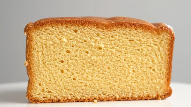 Closeup studio shot of a delicious golden-brown slice of traditional pound cake or sponge cake revealing its moist and airy texture against a clean white background.