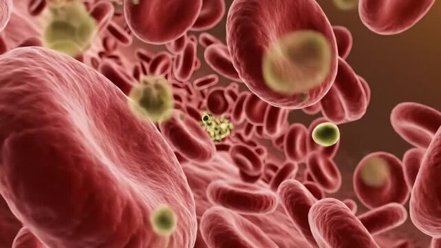 Microscopic view of bacteria and red blood cells in the bloodstream.