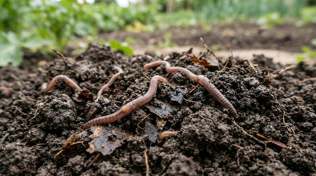 Close-up of Earthworms Burrowing in Rich Garden Soil, Demonstrating Natural Decomposition and Soil Health