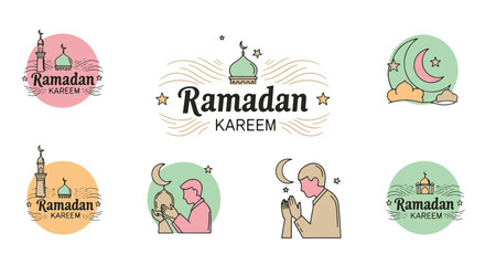 Fototapeta premium Collection of Ramadan Kareem Greeting Designs Featuring Mosques Crescent Moons Stars and Praying Figures