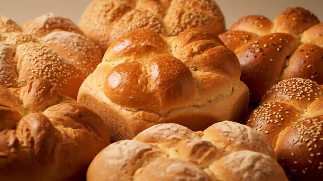 Macro view of traditional, freshly baked Challah bread and golden sesame seed rolls, showcasing rich texture and perfect golden brown crust in a bakery setting.
