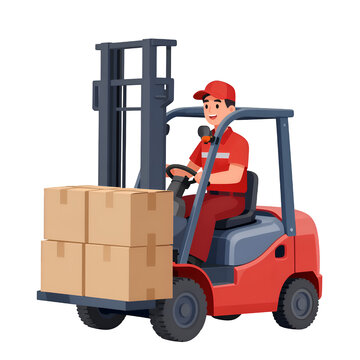 Forklift Operator Lifting Cardboard Boxes - Vector Illustration