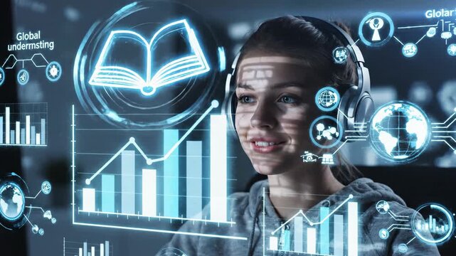 Young adult student wearing headphones accessing digital learning platform with data analytics and online education resources available