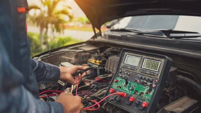 Technician using diagnostic tools to troubleshoot alternator issues on a car parked along a roadside under daylight.