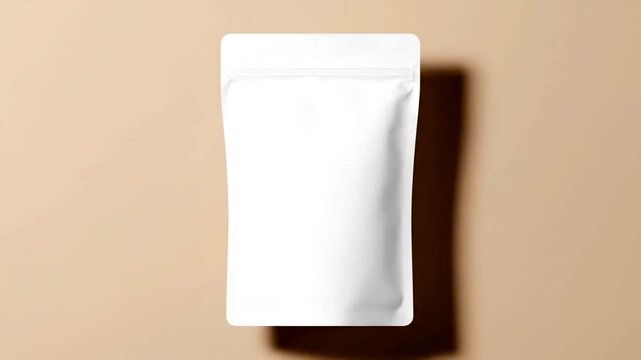 White Pouch Packaging Mockup on Beige Background with Hard Shadow, Top View, Flat Lay, Copy Space.