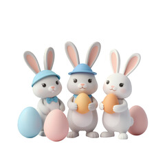 Obraz premium Three Easter Bunnies Holding Eggs In 3D Cartoon Style