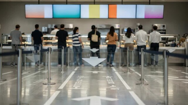 Closeup medium view of a multistation cafeteria queue showing clear directional lines and hanging digital menu boards with patrons softly blurred beyond the focal guidance rails.