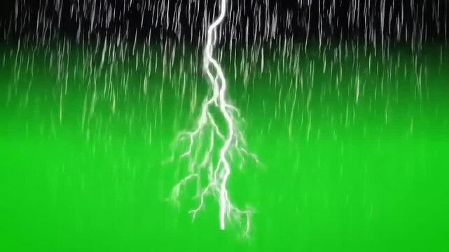 Lightning and rain over green screen.
