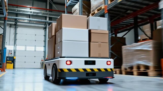 An autonomous mobile robot carrying packages moves through a large, modern distribution warehouse aisle.