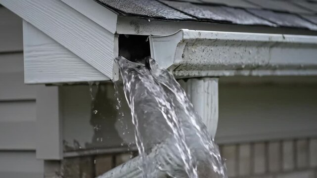 Water flowing through gutters and downspouts on a house exterior during heavy rainfall or stormy weather conditions outside.