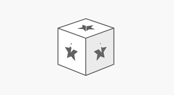 A three-dimensional cube with star symbols on its faces is depicted in a simple line drawing style, viewed from an isometric perspective.
