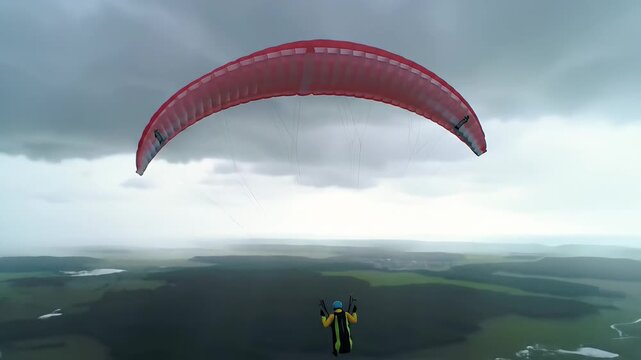 Paragliding with red paraglider under stormy clouds over landscape for extreme sports adventure.  Dramatic sky, active lifestyle.