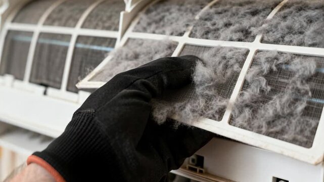 Technician wearing black glove inspects filthy air filter in residential AC unit, highlighting needed maintenance.