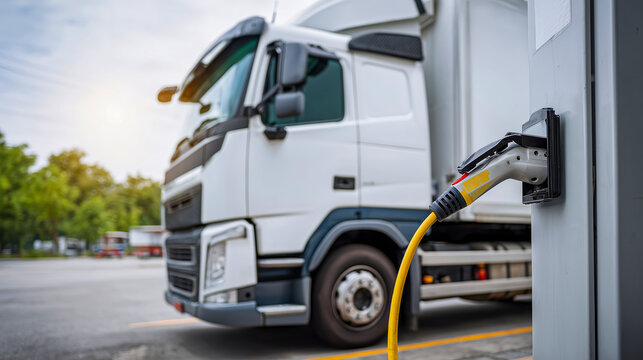Cargo truck charges at electric station during day in city parking lot near transport hub for clean energy vehicles
