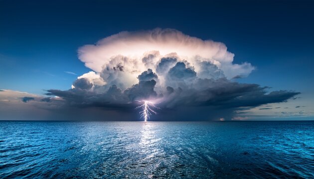 A Dramatic Depiction Of An Apocalyptic Weather Scene With An Enormous Illuminated Cumulonimbus Cloud Lightning And A Calm Sea