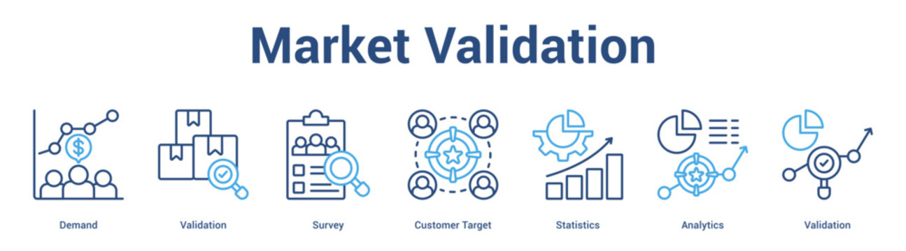 Market Validation web banner icon set vector illustration concept for business with icon of Demand, Validation, Survey, Customer Target, Statisti.