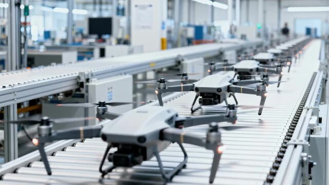 Modern quadcopters move along an automated factory conveyor belt, showing mass production and advanced technology.