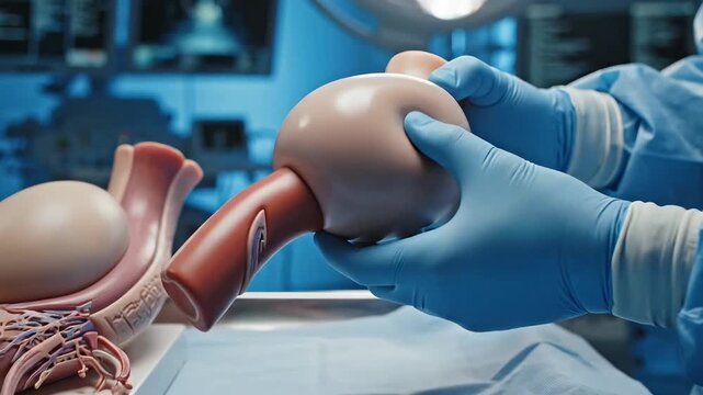 Surgeon practicing prostatectomy on anatomical model in operating room.