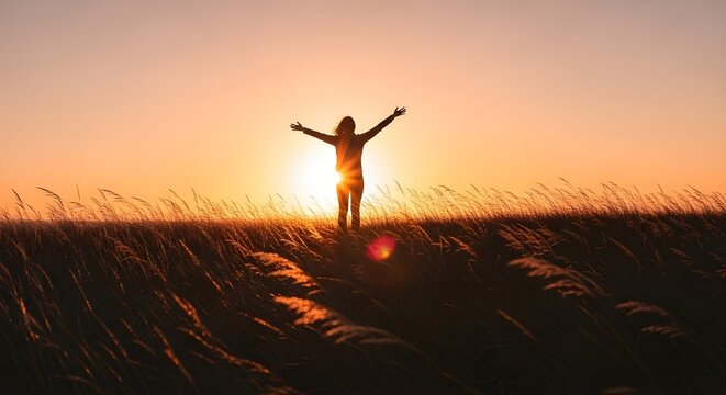 Concepto de libertad y salud - Hermosa joven contra la puesta de sol