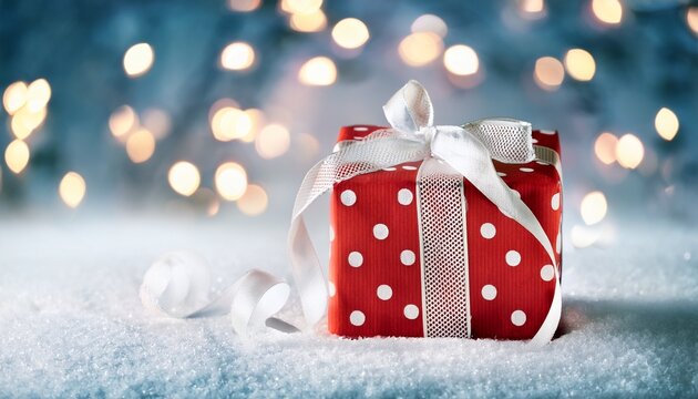 Cadeau De Noel Rouge A Pois Blancs Avec Ruban Sur Surface Enneigee