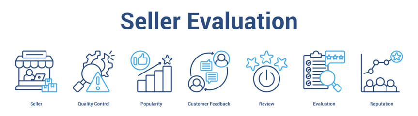 Fototapeta premium Seller Evaluation web banner icon set vector illustration concept for business with icon of Seller, Quality Control, Popularity, Customer Feedback, Revi.