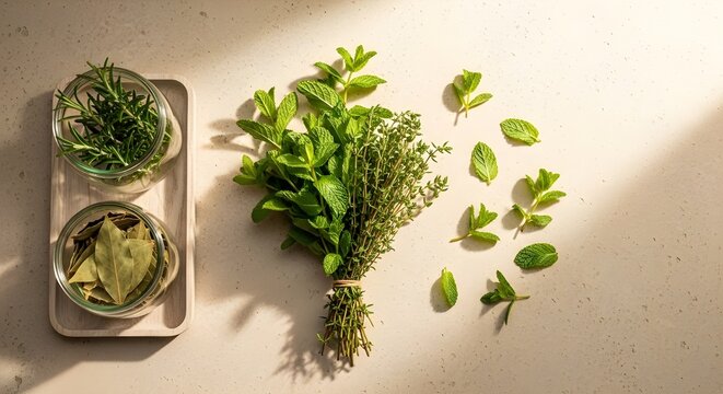Diferentes hierbas sobre mesa de yeso para el bienestar.