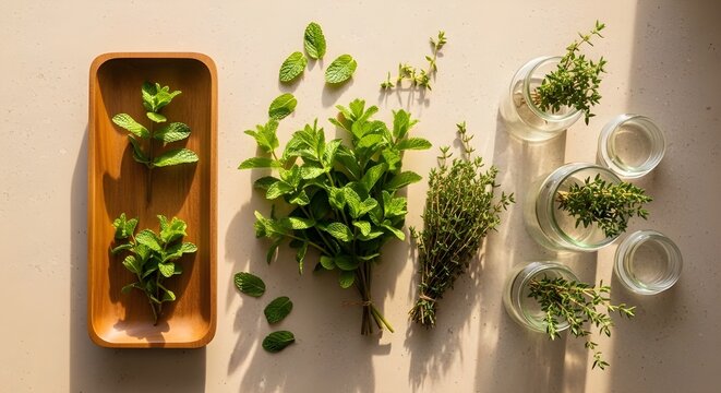 Diferentes hierbas sobre mesa de yeso para el bienestar.