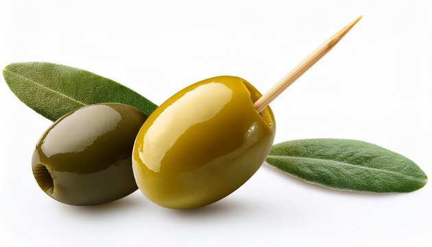 Palillo Con Aceitunas Sin Hueso Y Hojas De Olivo Sobre Blanco
