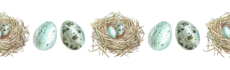 Fototapeta premium Watercolor seamless border with Easter nest and blue egg on white background. Bird house made of twigs and branches. Spring or summer decor for celebration card. Mother's day. Wallpaper or wrapping
