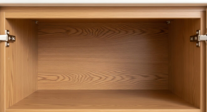 Open wooden cabinet or drawer with empty interior and silver hinges