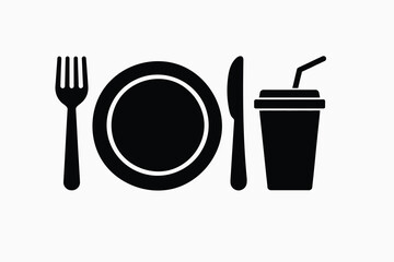 Black silhouette dining icon with fork, plate, knife, and cup