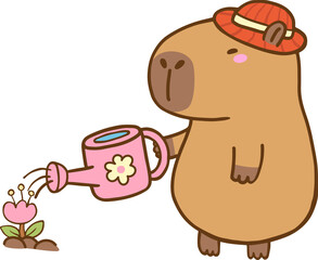 Fototapeta premium Kawaii capybara holding watering can cartoon hand drawn illustration