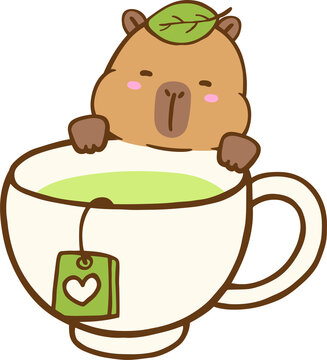 Kawaii capybara holding teacup and aroma cartoon hand drawn illustration