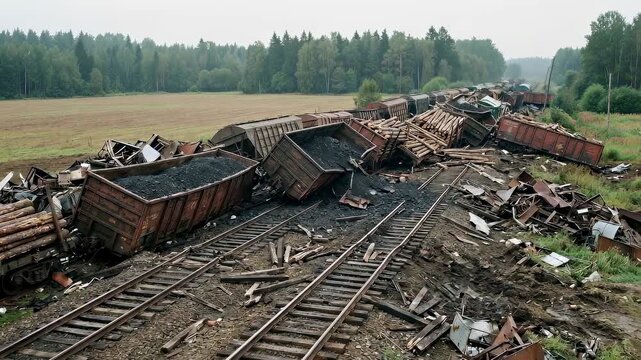 Freight train derailment showing multiple overturned railcars with scattered coal and lumber, illustrating the aftermath of an industrial accident.